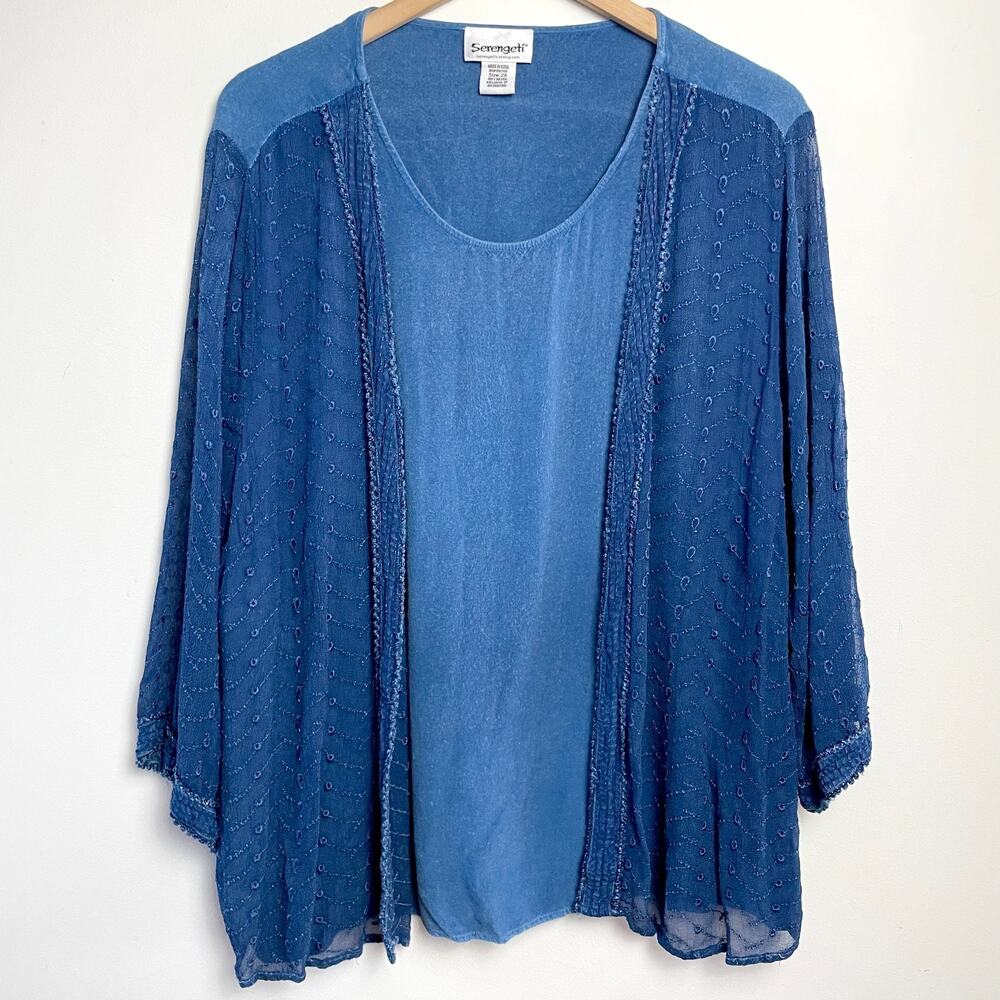Vintage 90s Double Layer Embroidered Top Sz 2XL Indigo Blue Boho Hippie Festival